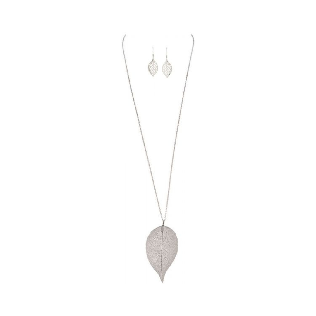 Rain - Shiny Silver Natural Leaf Necklace Set