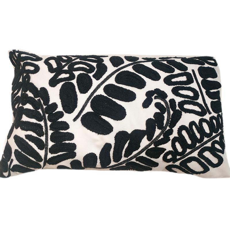 Embroidered Lumbar Cushion Black Leaf 20" x 12"