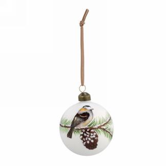 White Ball Ornament with Bird on Branch 3"