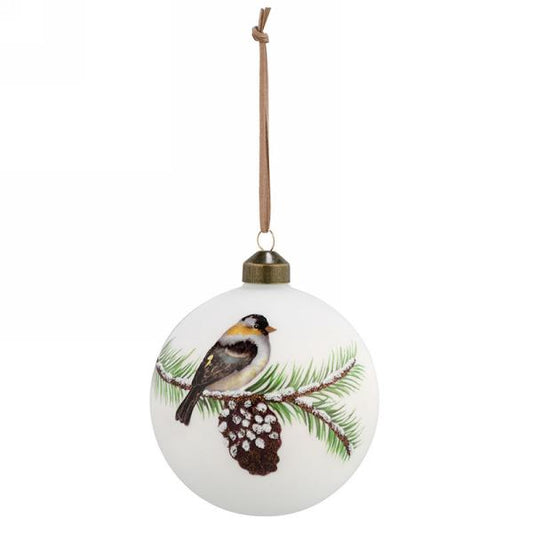 White Ball Ornament with Bird on Branch 4"