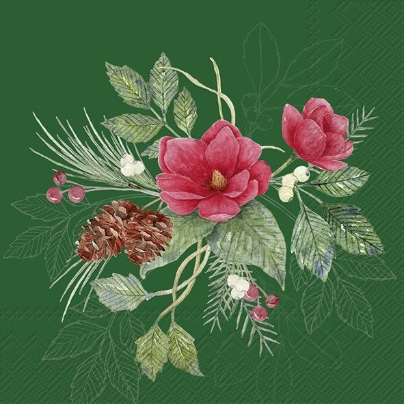 Christmas Flowers Green Cocktail Napkins