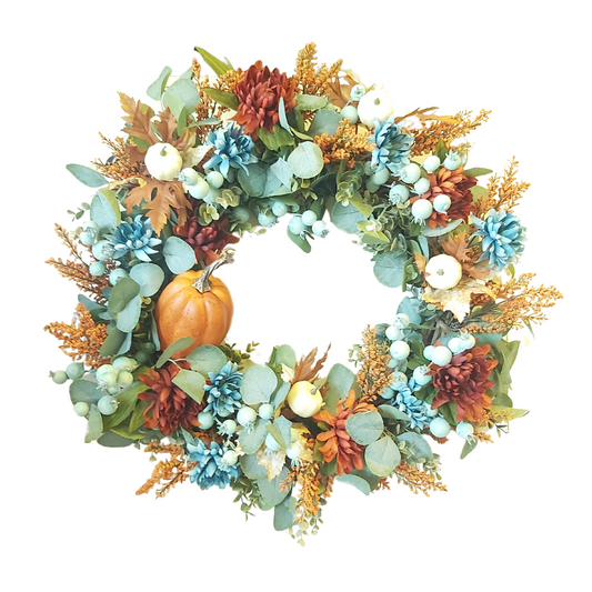 Burnt Orange and Teal Dahlia Fall Wreath **Store Pickup Only**