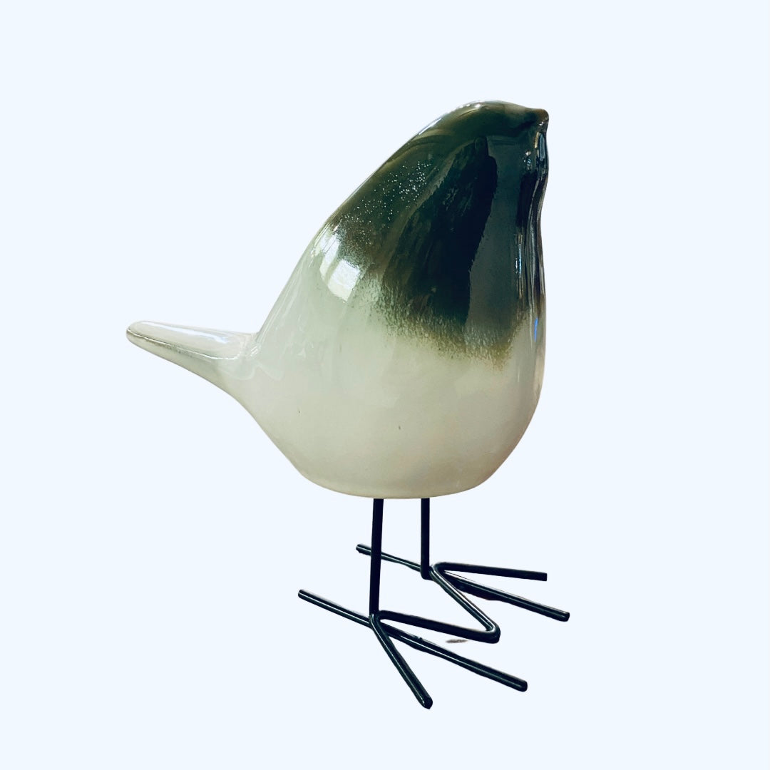 Green and White Ceramic Bird with Metal Feet (2 Sizes)