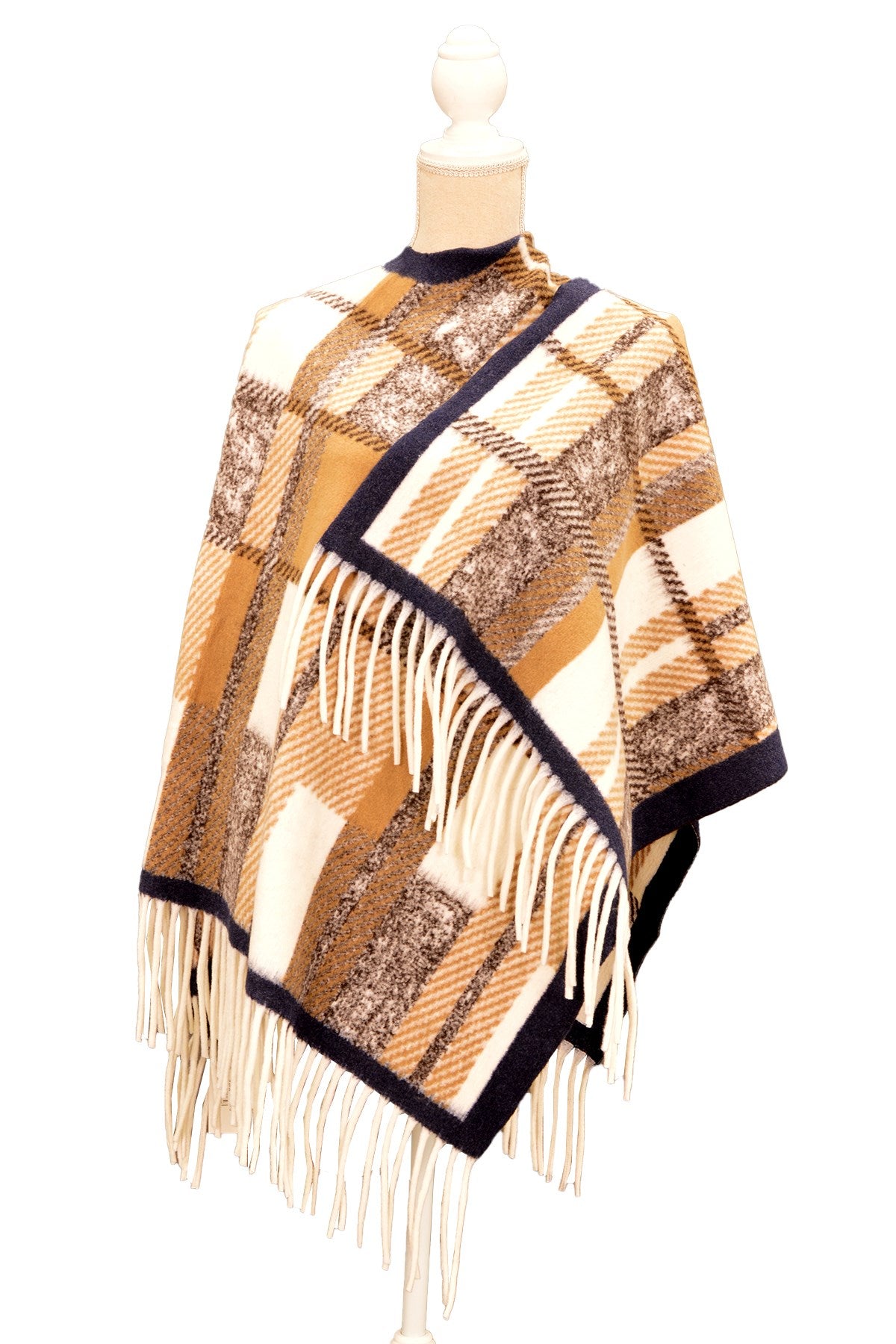 Plaid Wrap Poncho - Camel