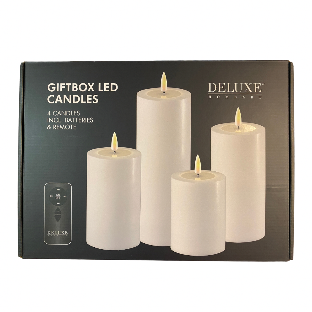 White Wetlook Pillar LED Candle Set (4 Candles)