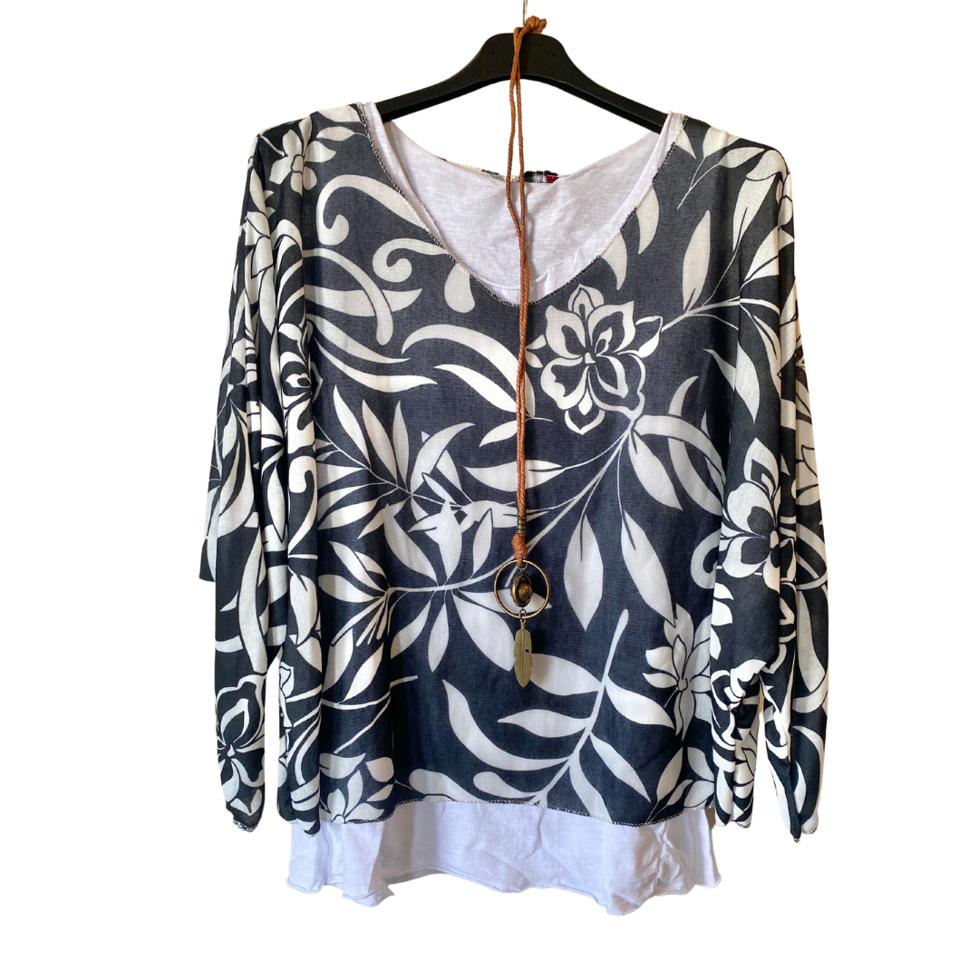 Black and White Frangipani Print Two-Piece Top with Necklace – Joshua ...