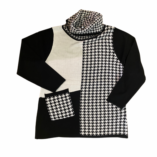 Black and White Houndstooth Cowl Neck Sweater