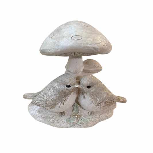 Silver and White Bird Couple Under Mushroom