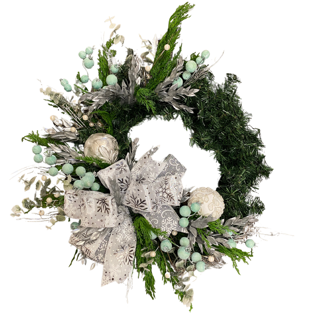 Silver Leaves and Aqua Berries Wreath