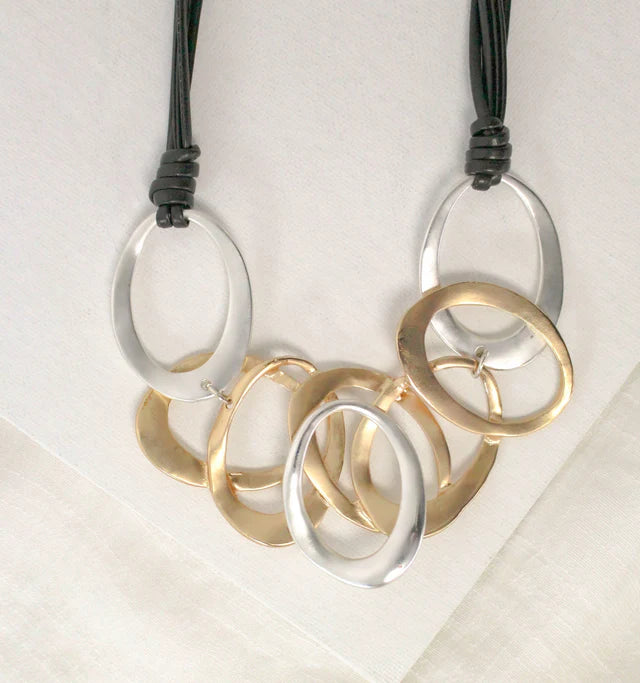 Oval Links on Black Leather Necklace