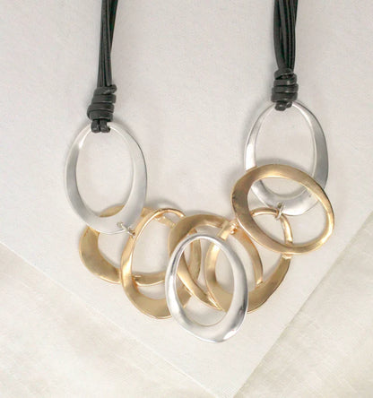 Oval Links on Black Leather Necklace