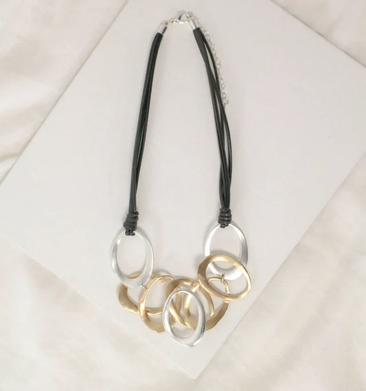 Oval Links on Black Leather Necklace