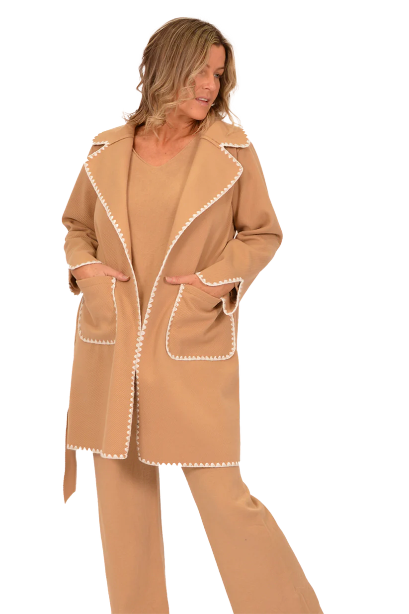 Camel Tie Front Coat with White Trim