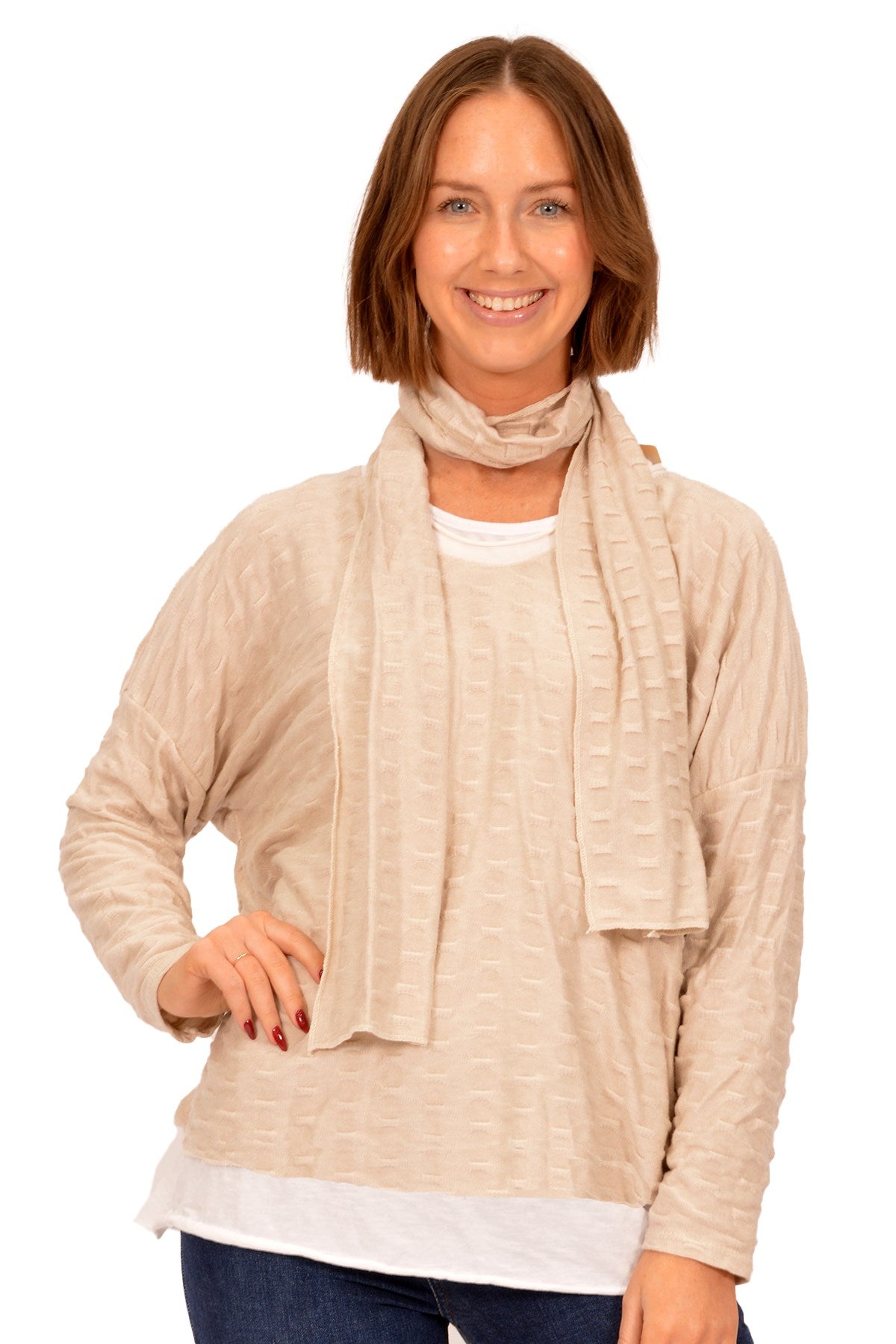 Catherine Lillywhite's Beige Textured Sweater with Scarf