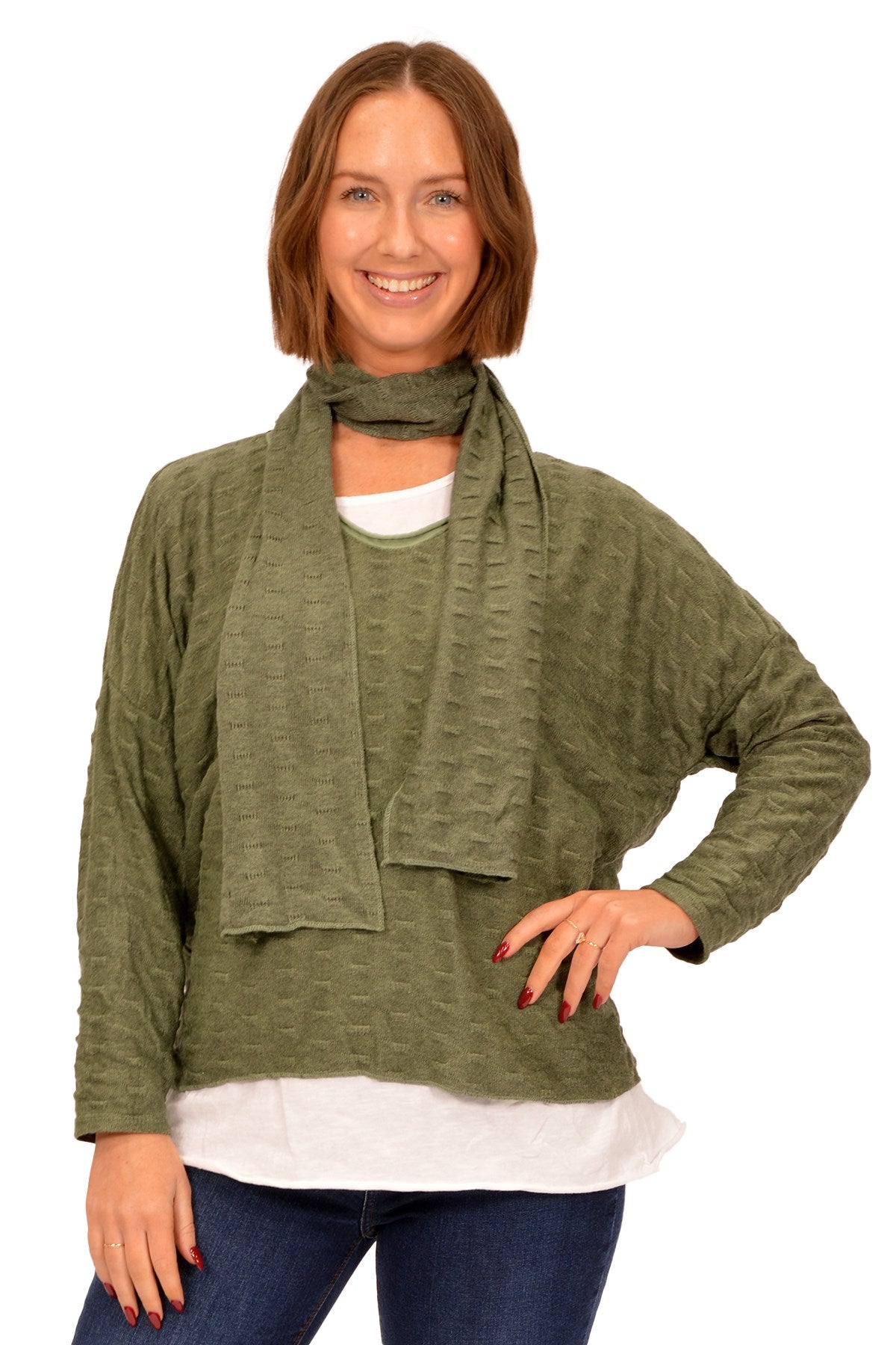 Green Textured Sweater with Scarf