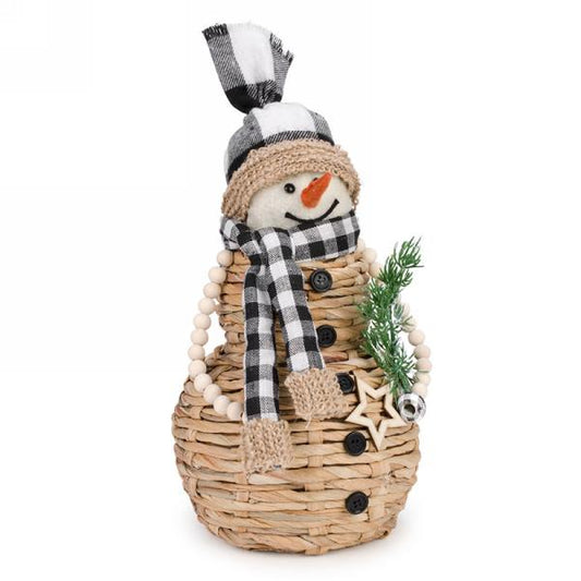 Natural Snowman with Black Plaid Hat & Scarf