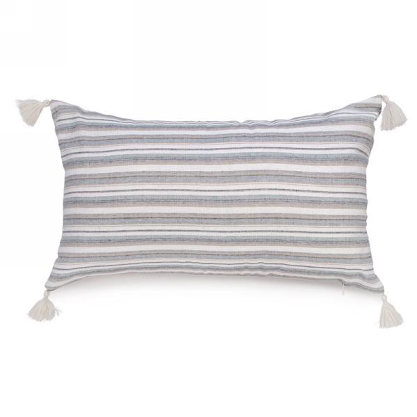 Grey Striped Cushion With Tassels - Rectangular