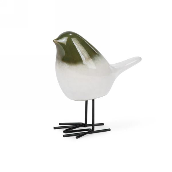 Green and White Ceramic Bird with Metal Feet (2 Sizes)