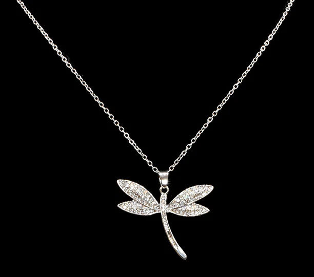 Dragonfly Rhinestones Silver Necklace