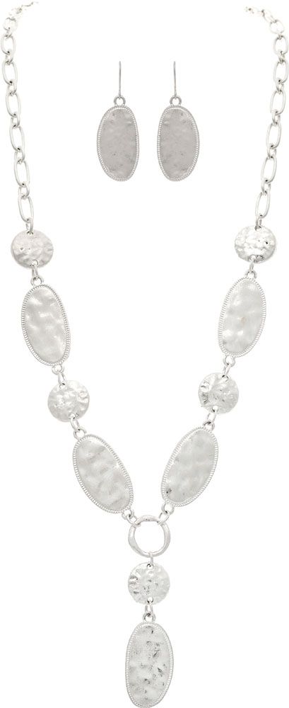 Rain - Silver Dapped Edge Oval Links Y Necklace Set