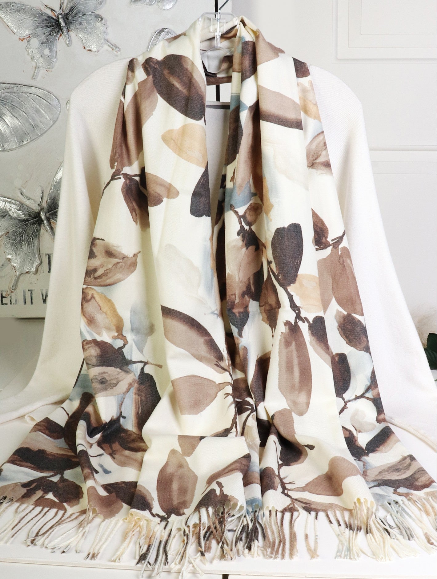 Cream and Brown Leaf Print Scarf