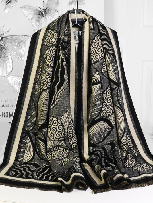 Cashmere Feeling Leaves Print Scarf - Black and Cream