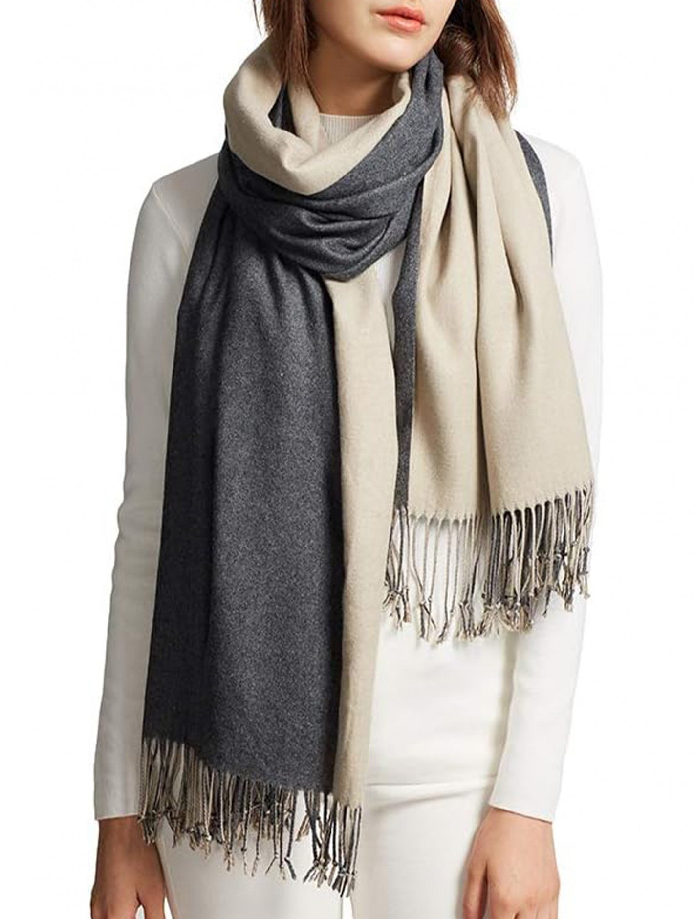 Cashmere Feeling Double Sided Scarf - Beige & Dark Grey