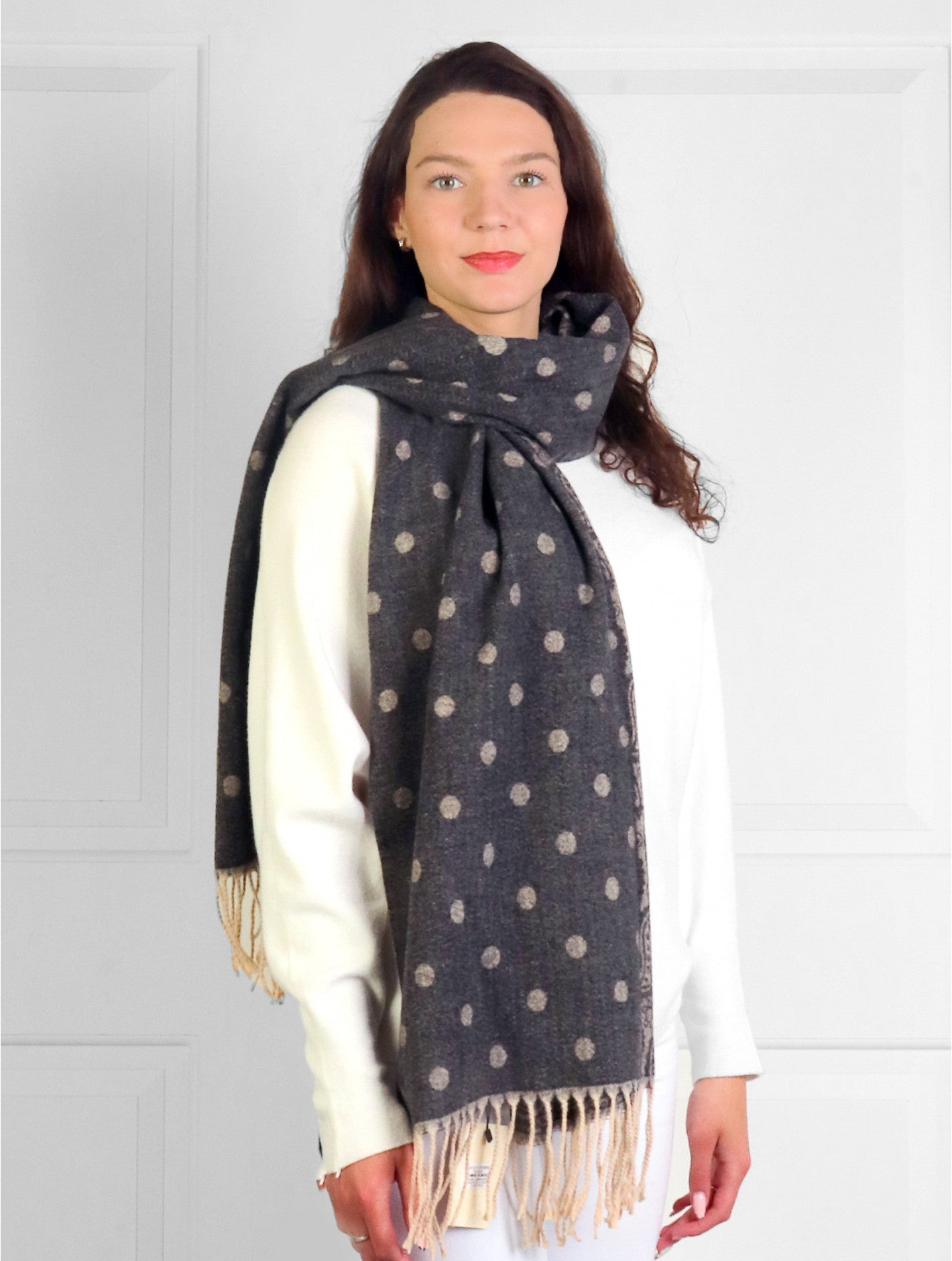 Paisley and Polka Dot Scarf with Fringe Black