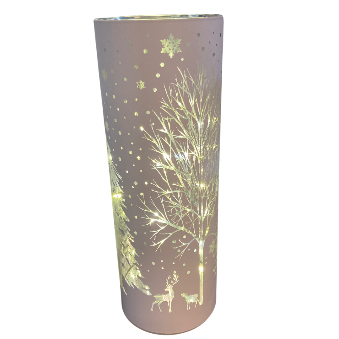 White Glass LED with Tree Motif 10"