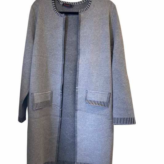 Grey Long Cardigan with Black Trim