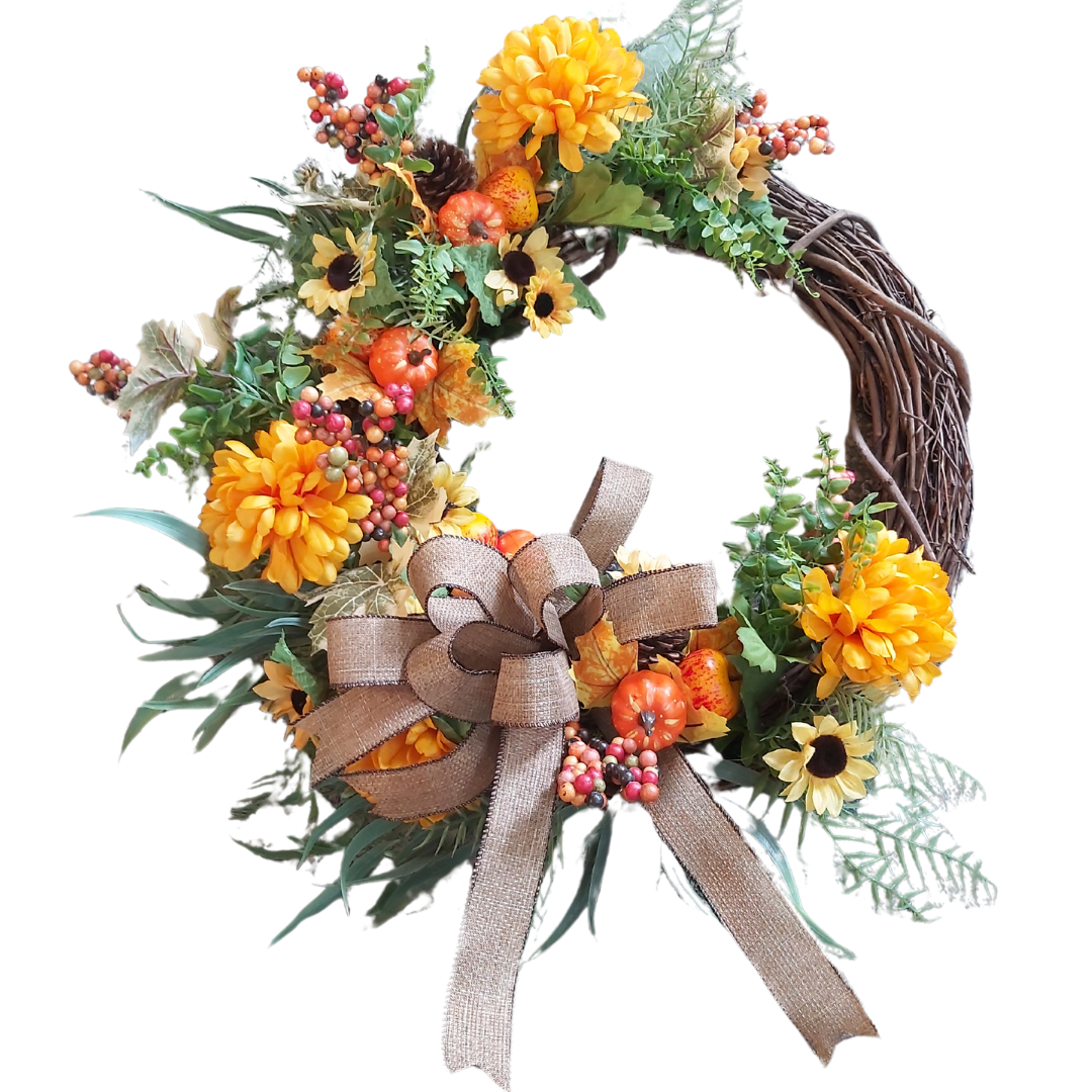 Fall Wreath with Pumpkins and Burlap Ribbon ** Store Pickup Only**