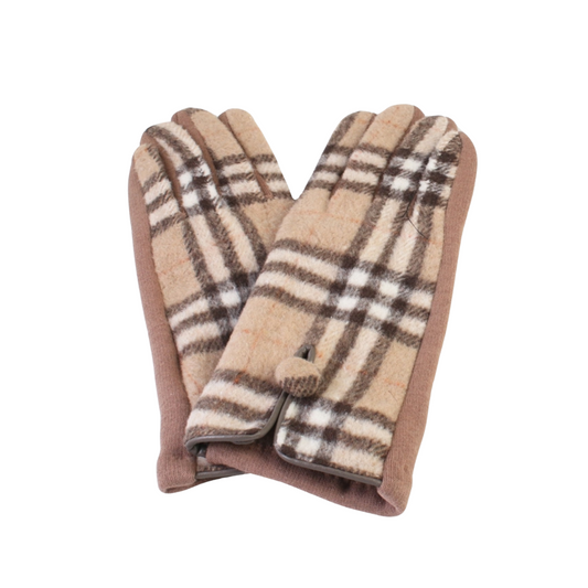 Single Buttoned Taupe Plaid Glove