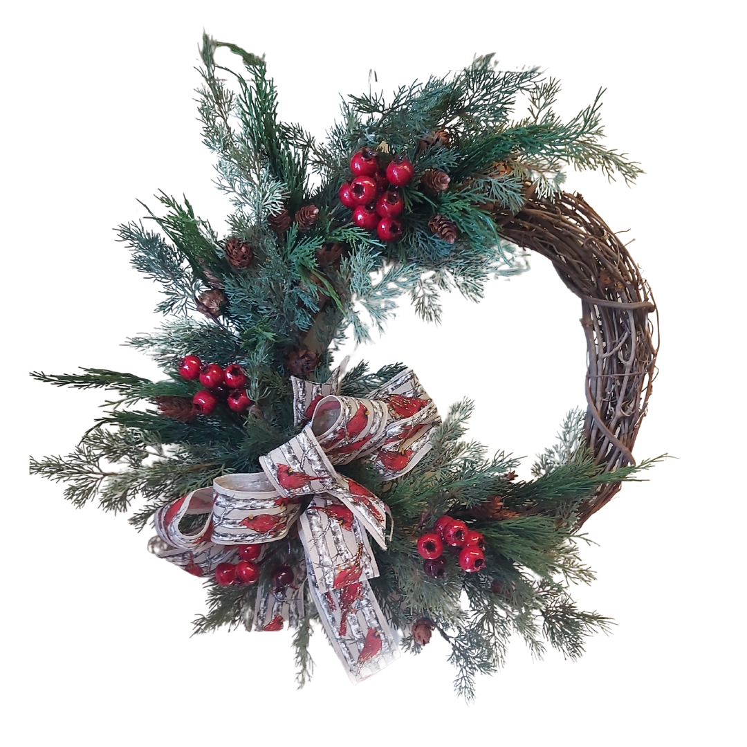 Wreath with Pinecones, Red Berries, Cardinal Ribbon  **Pick Up Only **