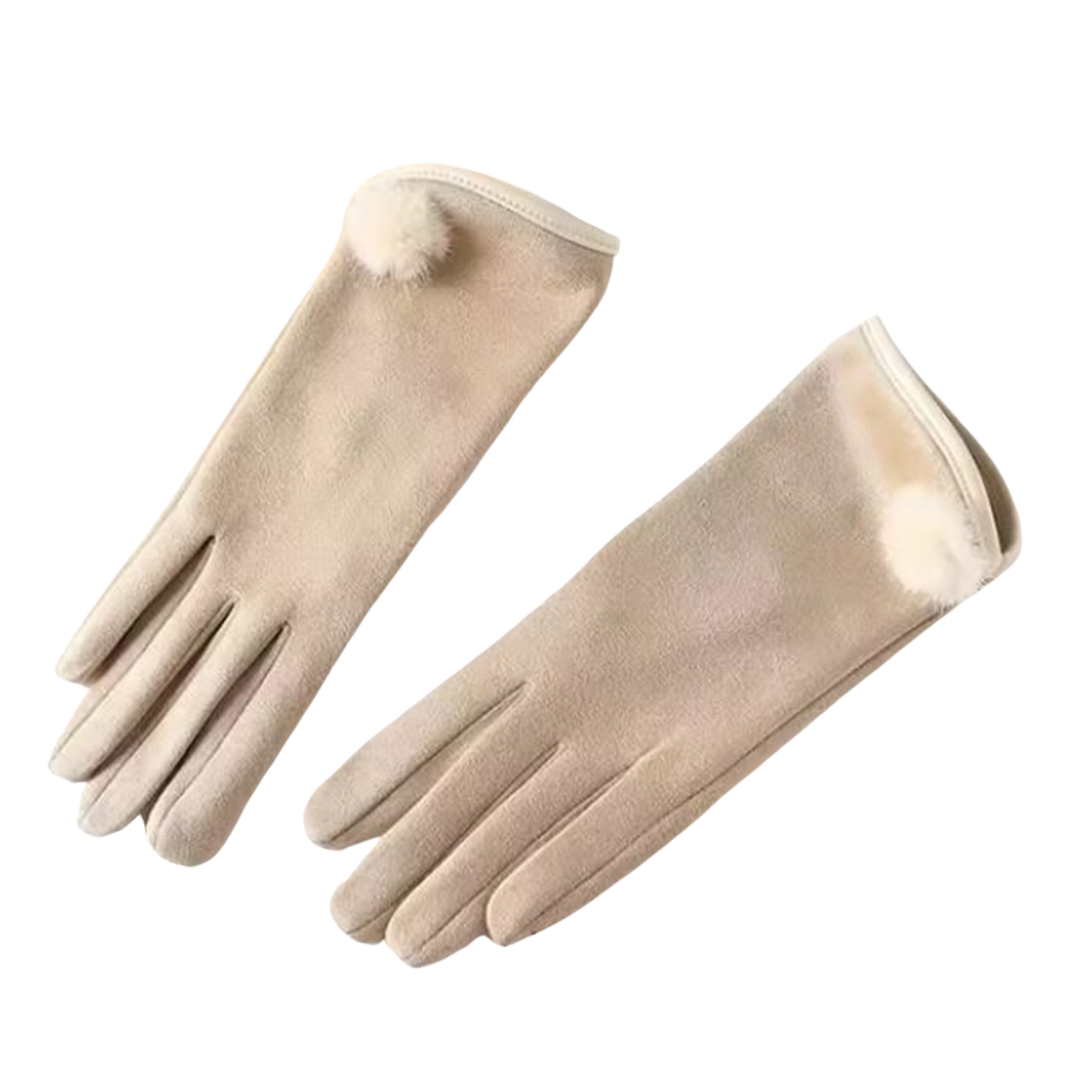 Fashion Touch Screen Cream Gloves with Pom Pom