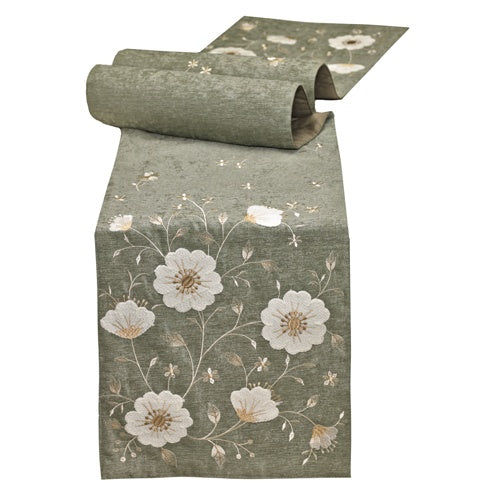 Chenille Sage with Cream Floral Table Runner 14" x 72"