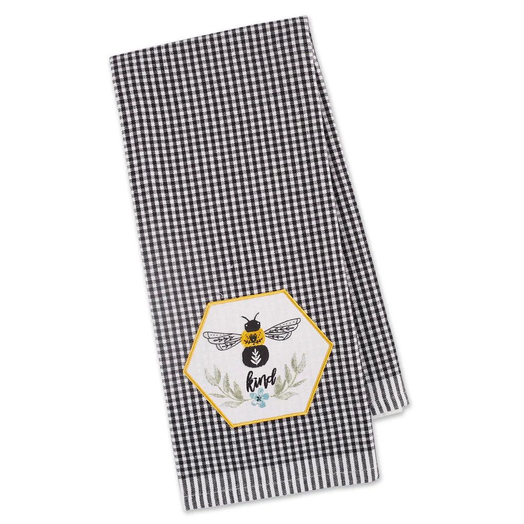 Bee Kind Embellished Tea Towel - Black Gingham