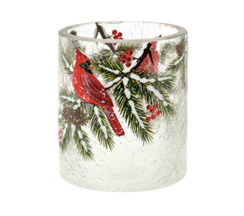 Crackle Glass Hurricane with Cardinal and Branches (Assorted Sizes)